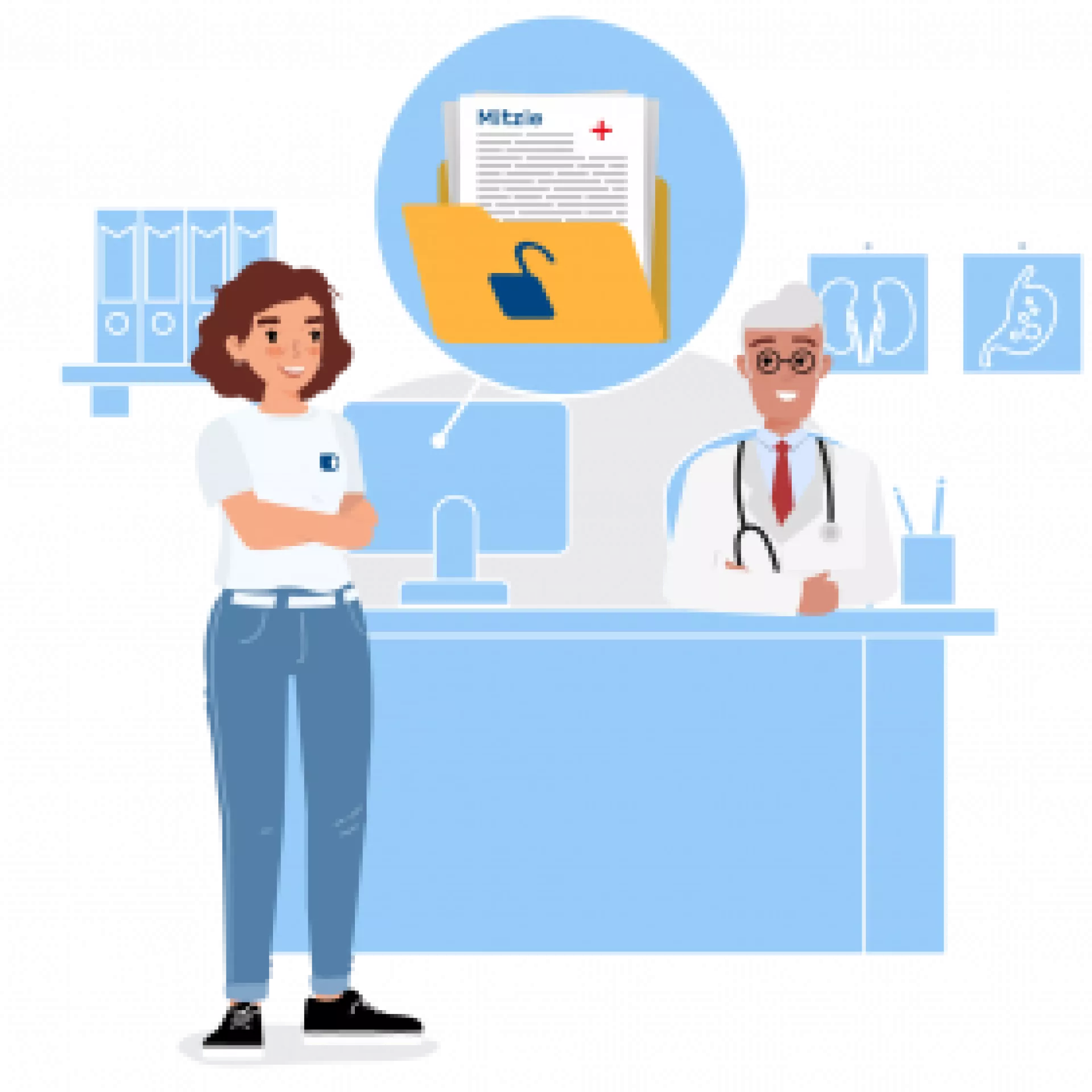 Mitz illustratie dame bij huisarts bij computer