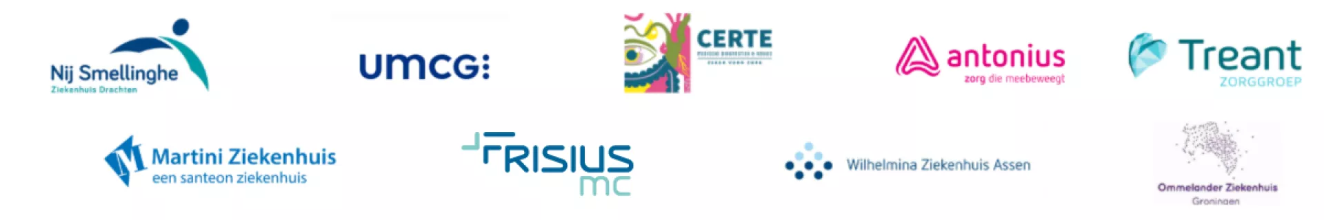 Logos van verschillende medische instellingen en ziekenhuizen.